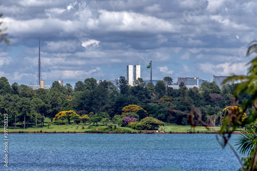 Brasilia capital of Brazil. View of the cityscape. Clouds in the blue sky.
