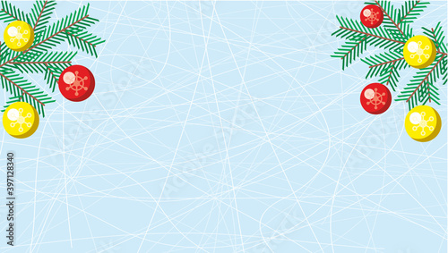 Geometry, abstract background. Fir branches with New Year's colorful balls on an ice background. Drawn white stripes of different sizes in a chaotic direction on a blue background. Winter wallpaper.