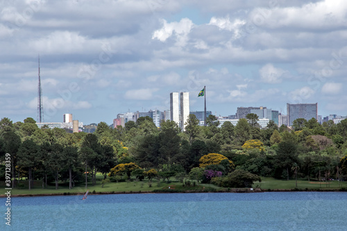 Brasilia capital of Brazil. View of the cityscape. Clouds in the blue sky.