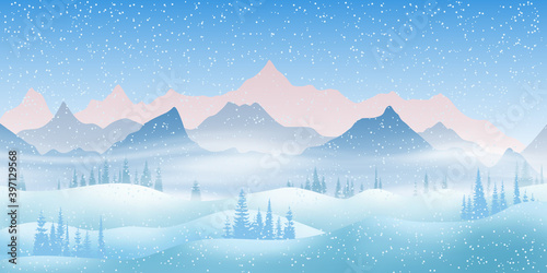 Winter vector landscape. Snowy mountain view.