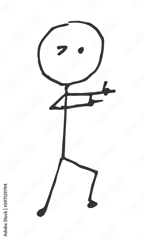 Hand-Drawn isolated stick figure with finger guns