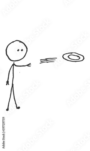 Hand-Drawn isolated stick figure throwing a frisbee disc