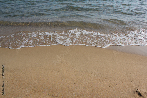 Fototapeta Naklejka Na Ścianę i Meble -  Soft beautiful ocean wave on sandy beach. Background