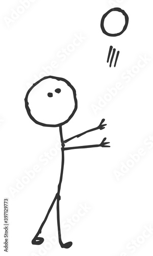 Hand-Drawn isolated stick figure tossing a ball in the air