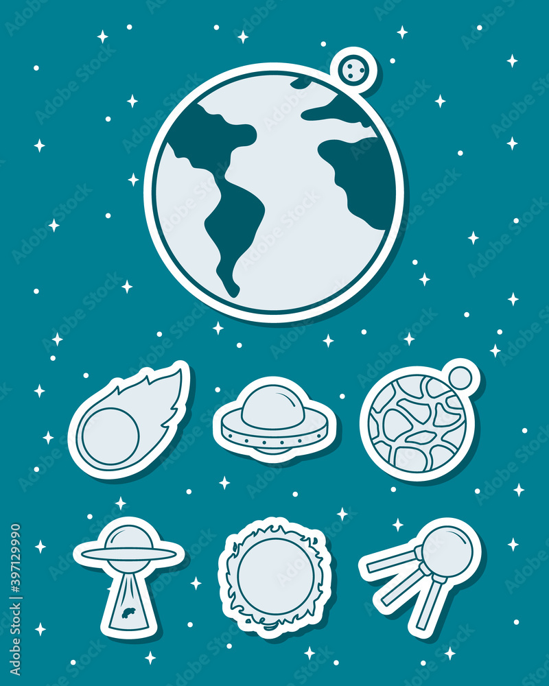 earth planet and space icon set, line style