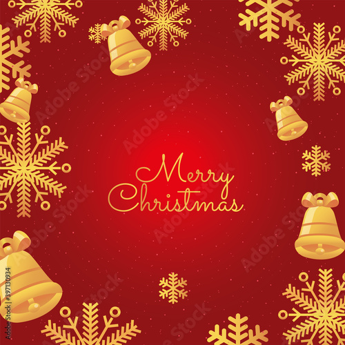 merry christmas gold bells and snowflakes vector design