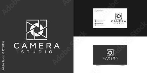 studio camera logo concept lens and a square room logo template and business card
