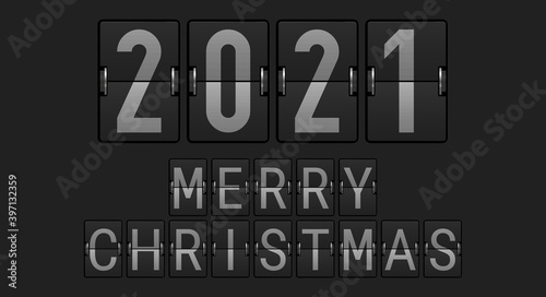 2021 Merry Christmas text. Realistic flip scoreboard, airport board. Merry Christmas and happy New Year related 3d realistic vector illustration.