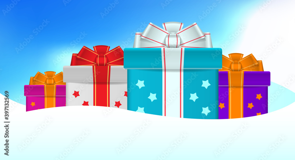 Beautiful multicolored gift boxes with ribbons and bows in snowdrifts. Merry Christmas and happy New Year related 3d realistic vector illustration. Beautiful multicolored gift boxes with ribbons and bows in snowdrifts. Merry Christmas and happy New Year related 3d realistic vector illustration.