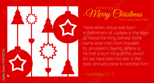 Red paper cut greetin card with holy bible quote. Merry Christmas and happy New Year related flat style vector illustration.