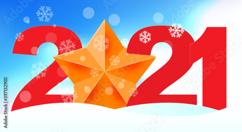 2021 in snowdrifts with a big yellow star. Merry Christmas and happy New Year related 3d realistic vector illustration.