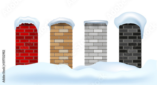 Stove or fireplace chimneys in snowdrifts under snow caps. Merry Christmas and happy New Year related 3d realistic vector illustration.