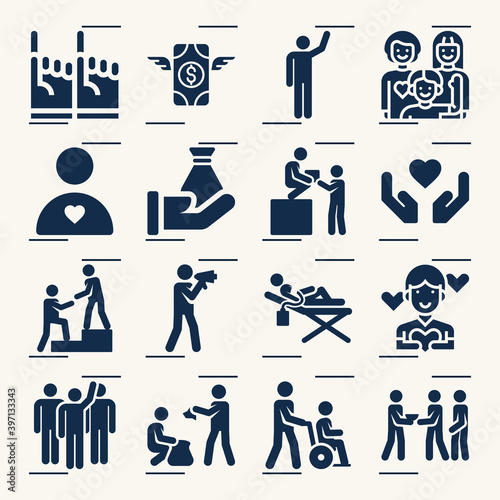 Simple set of charitable related filled icons.