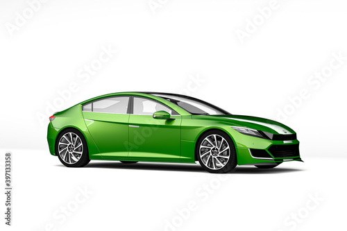 Generic Green Car Isolated On White. 3d Rendering.