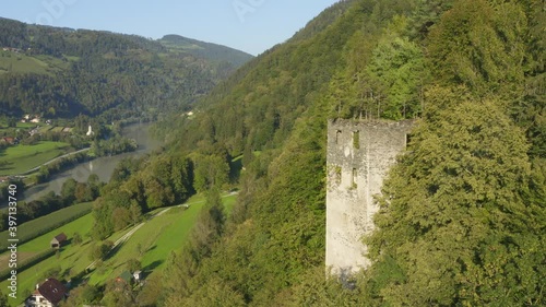 Abandoned Pukstajn Castle, fortress between Mislinja and  Drava Valley. Aerial photo