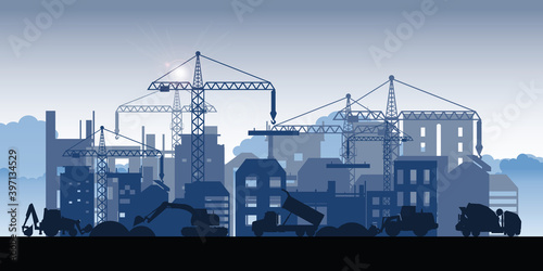 Silhouette of buildings under construction.