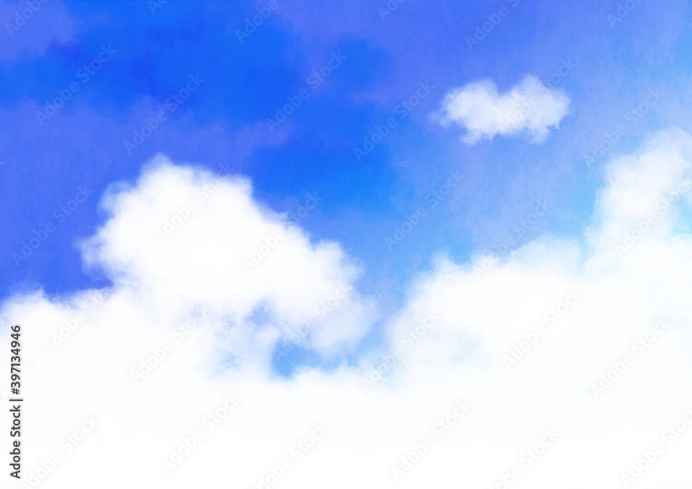 青空に浮かぶ雲の風景、水彩風イラスト　vol.002
