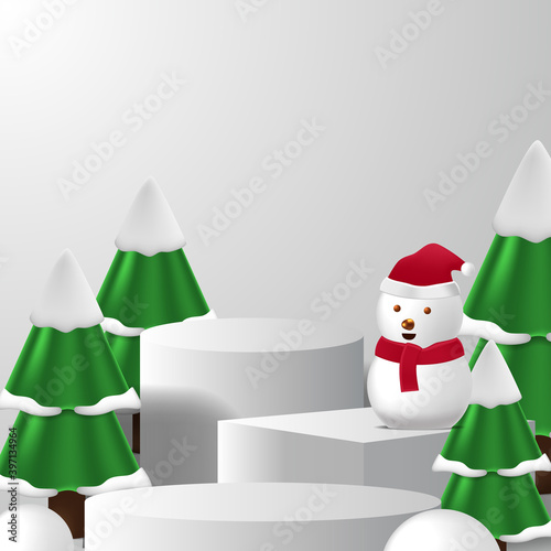 empty stage pedestal podium product display for christmas or winter with snowman, pine tree