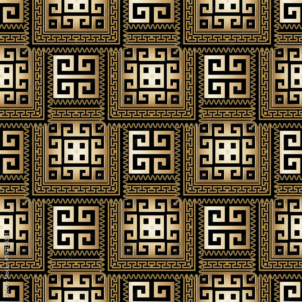 Gold greek vector seamless pattern. Repeat tribal abstract background. Greek key, meanders tiled ornament with squares, frames, lines. Geometric ornate modern design. Luxury surface endless texture
