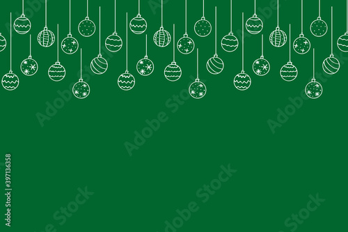 Christmas and New Year background with Hanging simple outline Christmas Balls, isolated, hand drawn. Vector holiday backdrop in doodle style