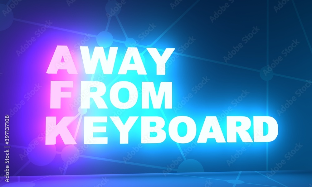 AFK - Awat from keyboard internet acronym. Technology concept background. 3D rendering. Neon bulb illumination