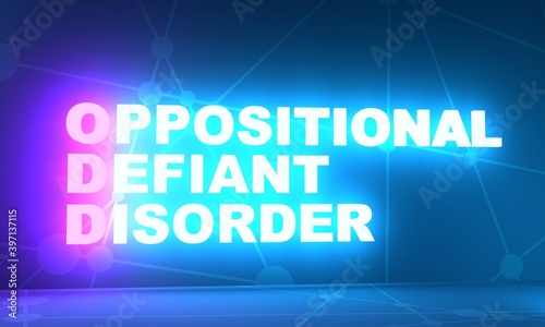 ODD - Oppositional defiant disorder acronym. Medical concept background. 3D rendering. Neon bulb illumination