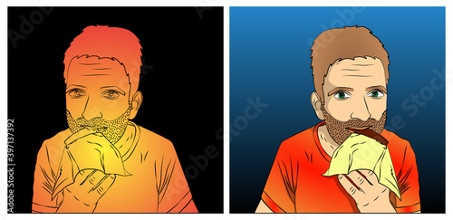 Man in casual T-shirt holding, biting chocolate bar. Sincere emotions lifestyle concept. Vector cartoon, Comic book style illustration.