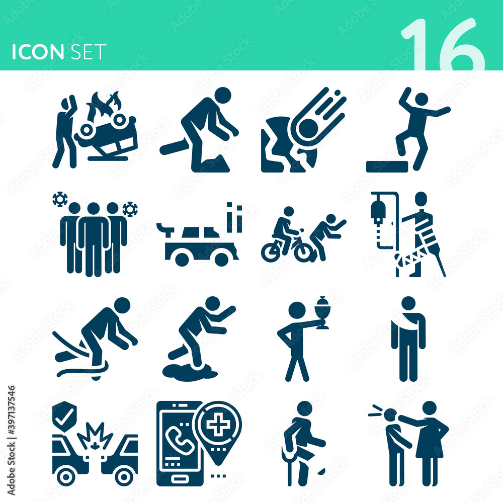 Simple set of 16 icons related to collision Simple set of 16 icons related to collision