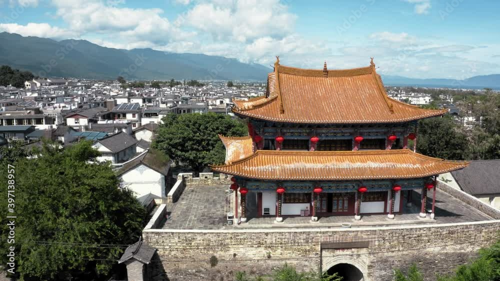 Dali ancient city wall watchtower in old town, Yunnan Province, China, aerial Dali ancient city wall watchtower in old town, Yunnan Province, China, aerial
