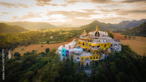 Konstfotografi Panorama Landscape of Temple on the mountain at Simalai Songtham Temple in Khao