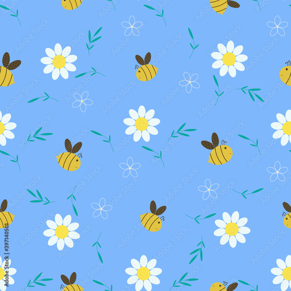 Seamless pattern with bees and chamomiles. White daisy on a blue background, bees collect honey. Pattern for textiles and children's clothing. Case, fitness bracelet strap. Flat style. Vector Seamless pattern with bees and chamomiles. White daisy on a blue background, bees collect honey. Pattern for textiles and children's clothing. Case, fitness bracelet strap. Flat style. Vector