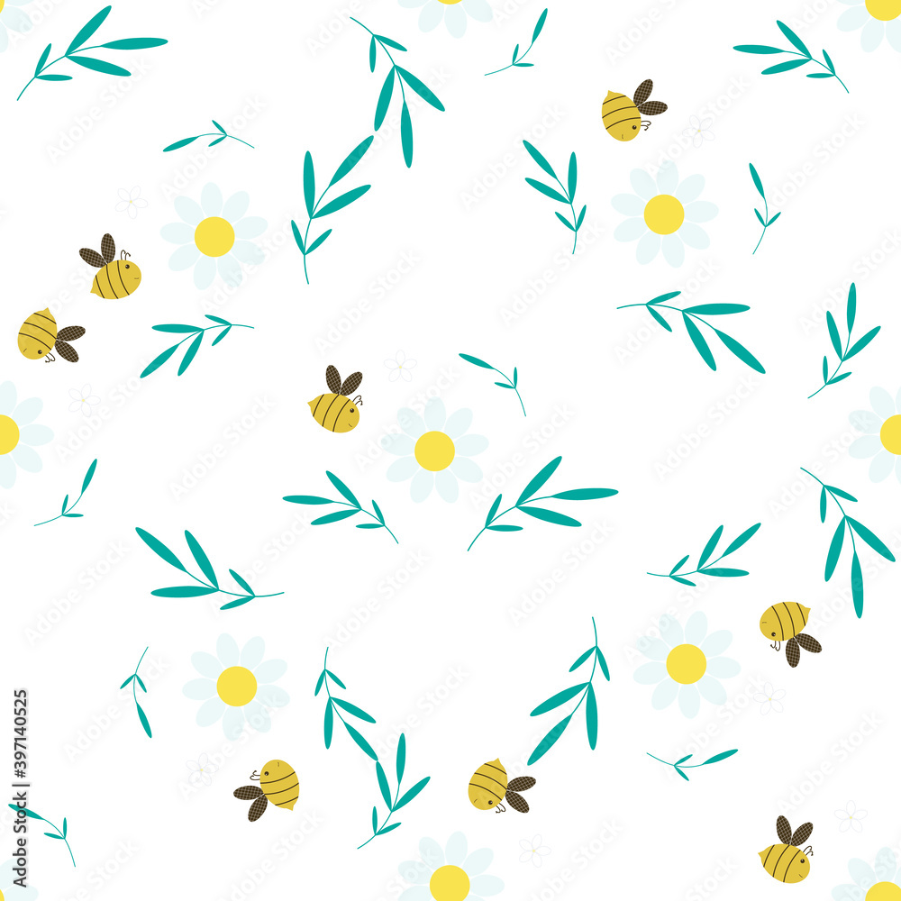 Seamless pattern with bees and daisies, leaves. White daisy pattern. Bees collect honey. Pattern for textiles, children's clothing or bed linen.  Flat style. Vector