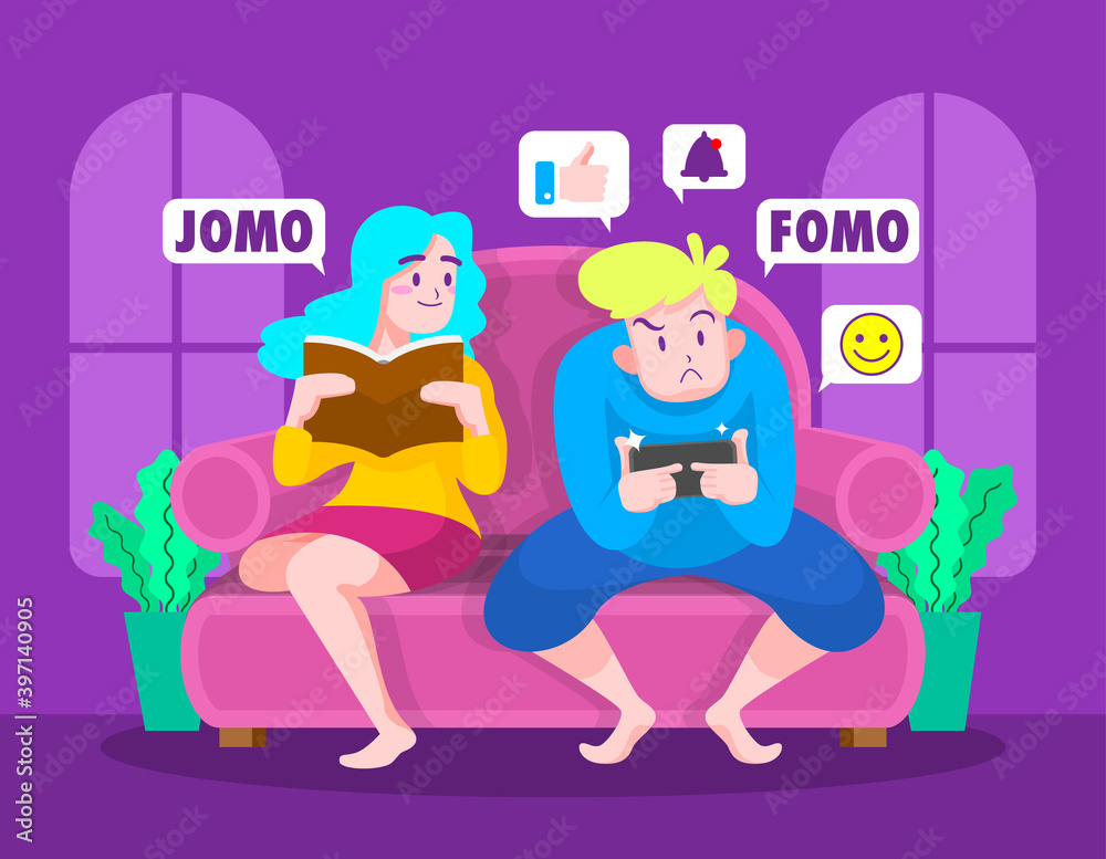 FOMO VS JOMO Concept illustration FOMO VS JOMO Concept illustration