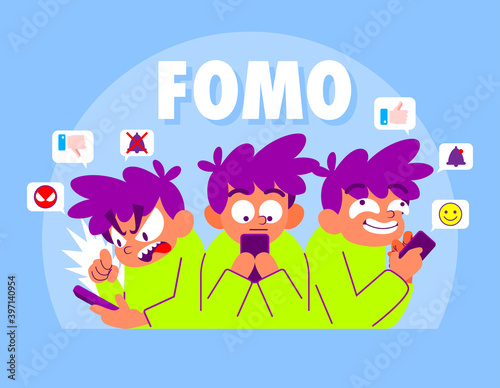 FOMO Cartoon illustration, Fear of missing out