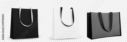 Shopping bag design. Black and white tote shopping bags identity mock-up item template transparent background.