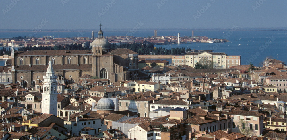 Aerial view of Venice cityscape and skyline seen from St Mark's Campanile at St. Mark's Square in Venice, Italy