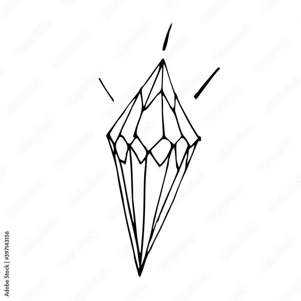 Healing Single crystal isolated on a white background. Hand drawn vector illustration in Doodle style. Black and white mystical crystal for relaxing coloring for children and adults. Healing Single crystal isolated on a white background. Hand drawn vector illustration in Doodle style. Black and white mystical crystal for relaxing coloring for children and adults.