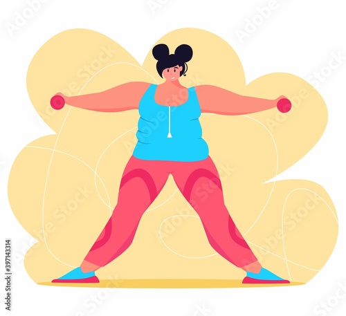 A young obese woman doing exercise. A girl working in sweat to get rid of belly fat. Obesity.