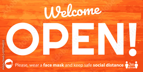 Social distancing concept for preventing coronavirus covid-19 with wording Welcome open in white color on wood texture background