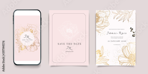 Luxury Pink Social Media Wedding invite frame templates. Vector background. Mockup for social media banner. mobile Floral golden collage layout design.