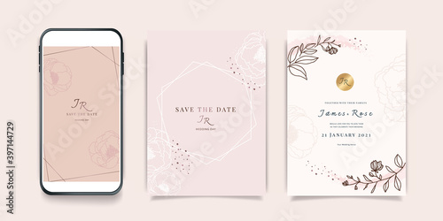 Luxury Pink Social Media Wedding invite frame templates. Vector background. Mockup for social media banner. mobile Floral golden collage layout design.