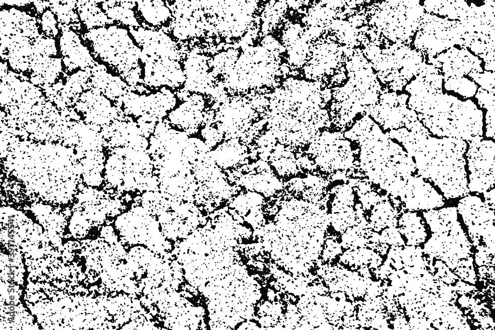 Grunge natural texture of cracked sand. Monochrome background of the dried surface of the loose desert soil. Overlay template. Vector illustration