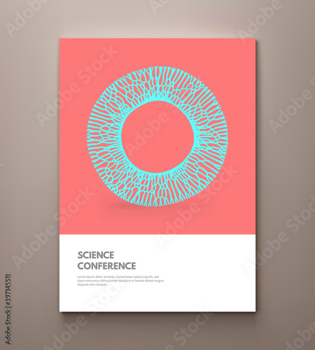 Science conference. Cover design template. Small particles strive out of center. Modern science and technology element. 3d vector illustration.