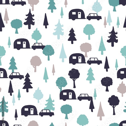 Sunny Forest Camper Ground Vector Seamless Pattern