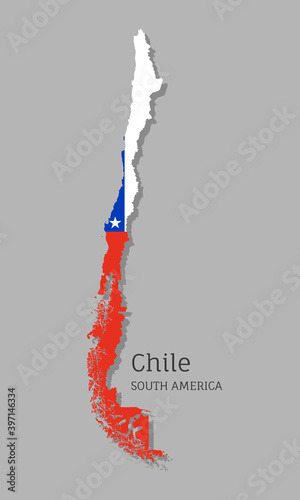 Map of Chile with national flag. Highly detailed editable Chilean map, South America country territory borders. Political or geographical design vector illustration on gray background