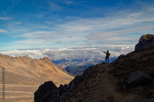 A closeup shot of a man on the volcano Popocatepetl in Mexico