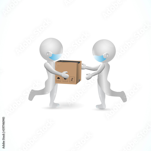 3d small people deliver a card box package to another person using masks. 3d image. isolated white vector image banner background.