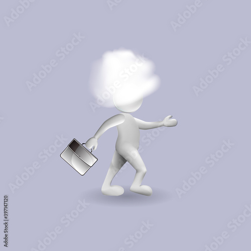 3D white businessman running with head in the clouds vector web image design render template