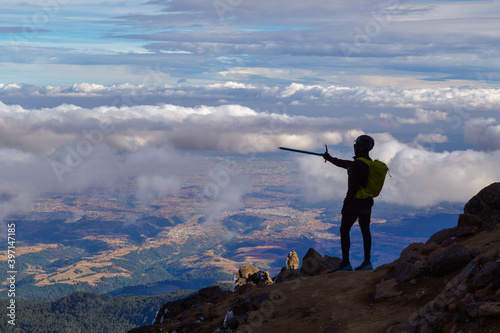 A closeup shot of a man on the volcano Popocatepetl in Mexico