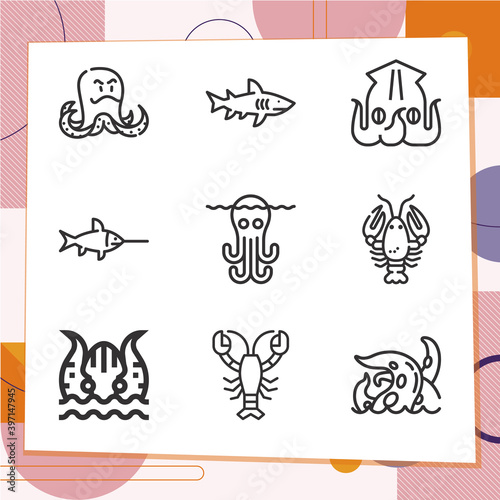 Simple set of 9 icons related to rough fish